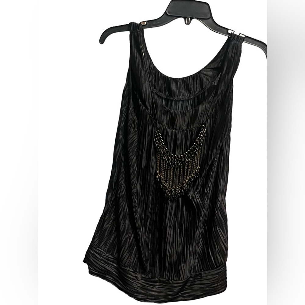 Black Silk Blouse Tank Top with Beaded Necklace Neckline